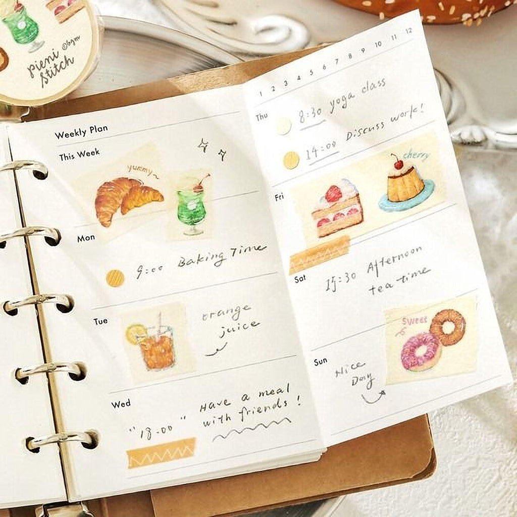 an open notebook with a weekly plan and a list of activities, including a yoga class, baking time, and a meal with friends.