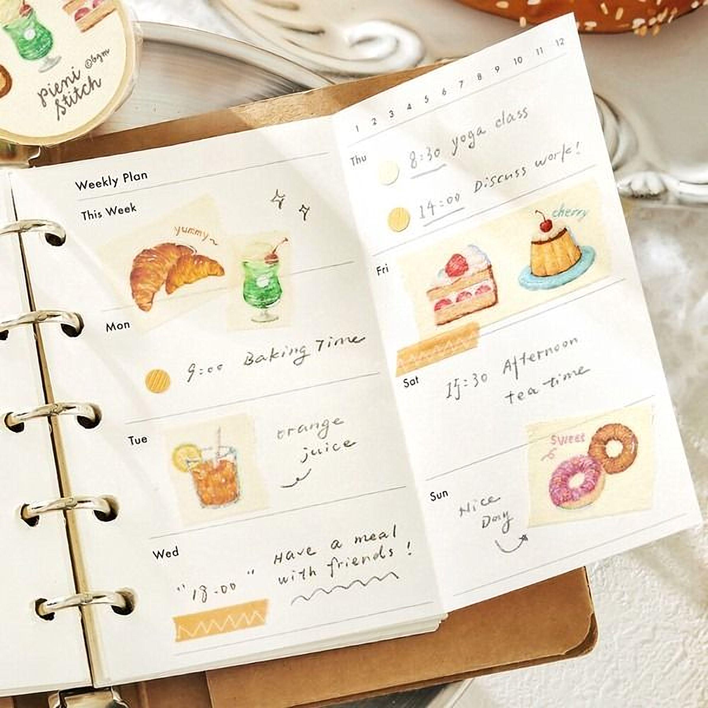 an open notebook with a weekly plan and a list of activities, including a yoga class, baking time, and a meal with friends.