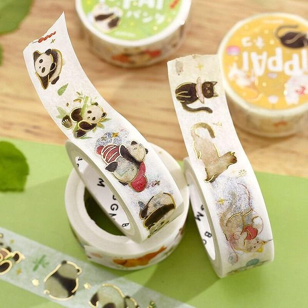 two rolls of decorative tape with various animal designs, including a panda, cat, and other cute animal illustrations.