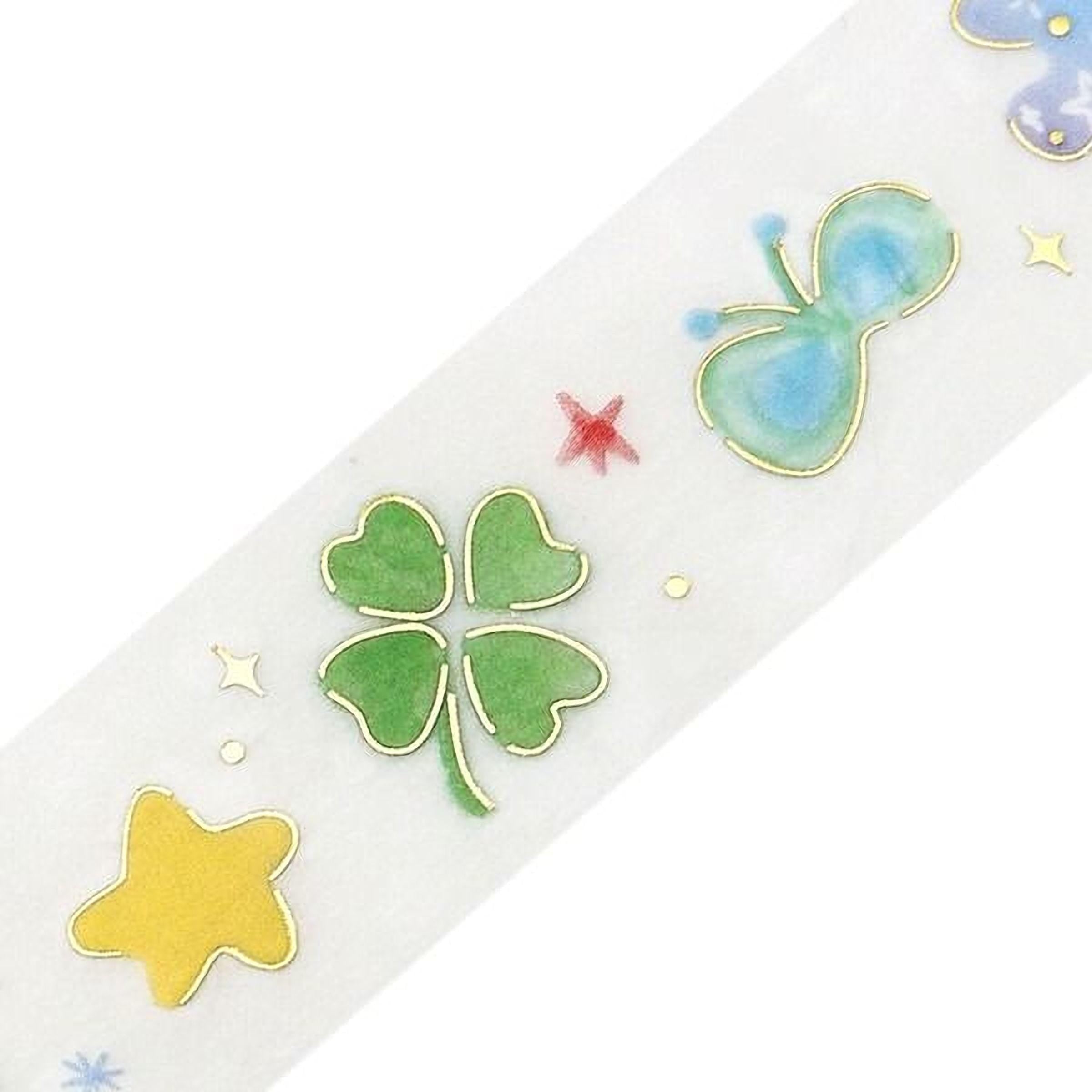 a ribbon with various colorful and whimsical designs, including a four-leaf clover, a butterfly, a star, and a flower.