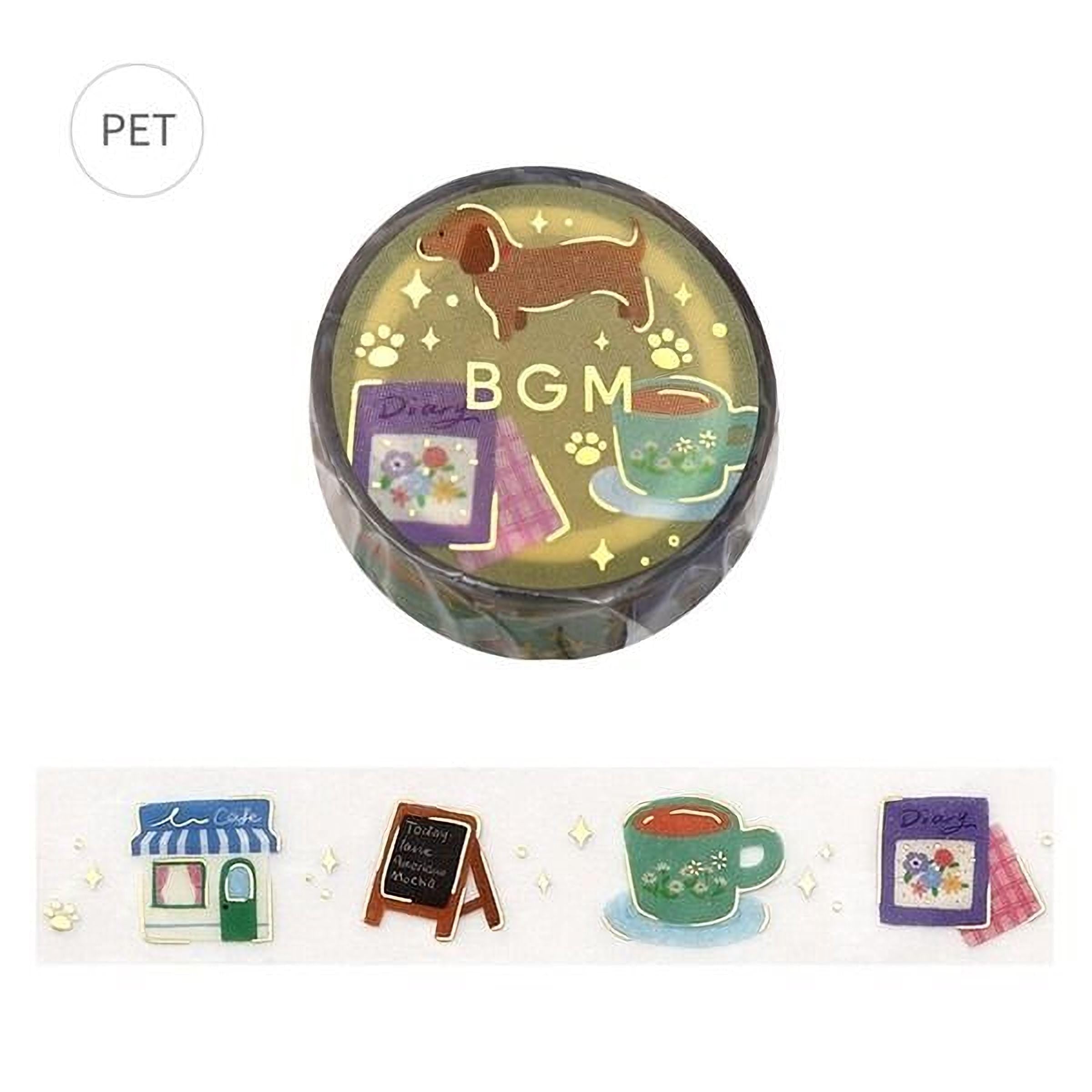 a circular object with various illustrations and text, including a dog, a cup, and other objects.