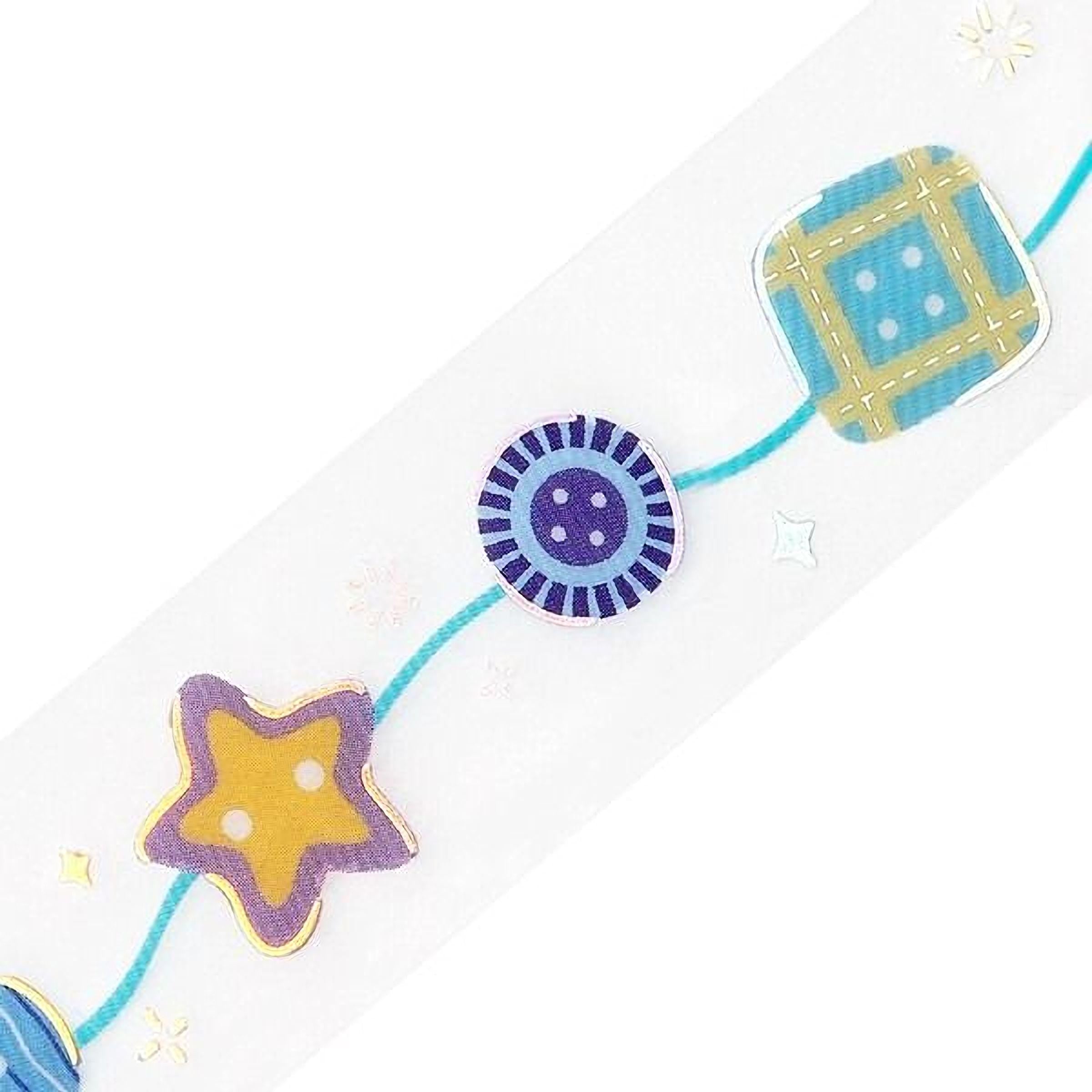 a ribbon with various colorful and decorative elements, including a star, a button, and a checkered pattern.