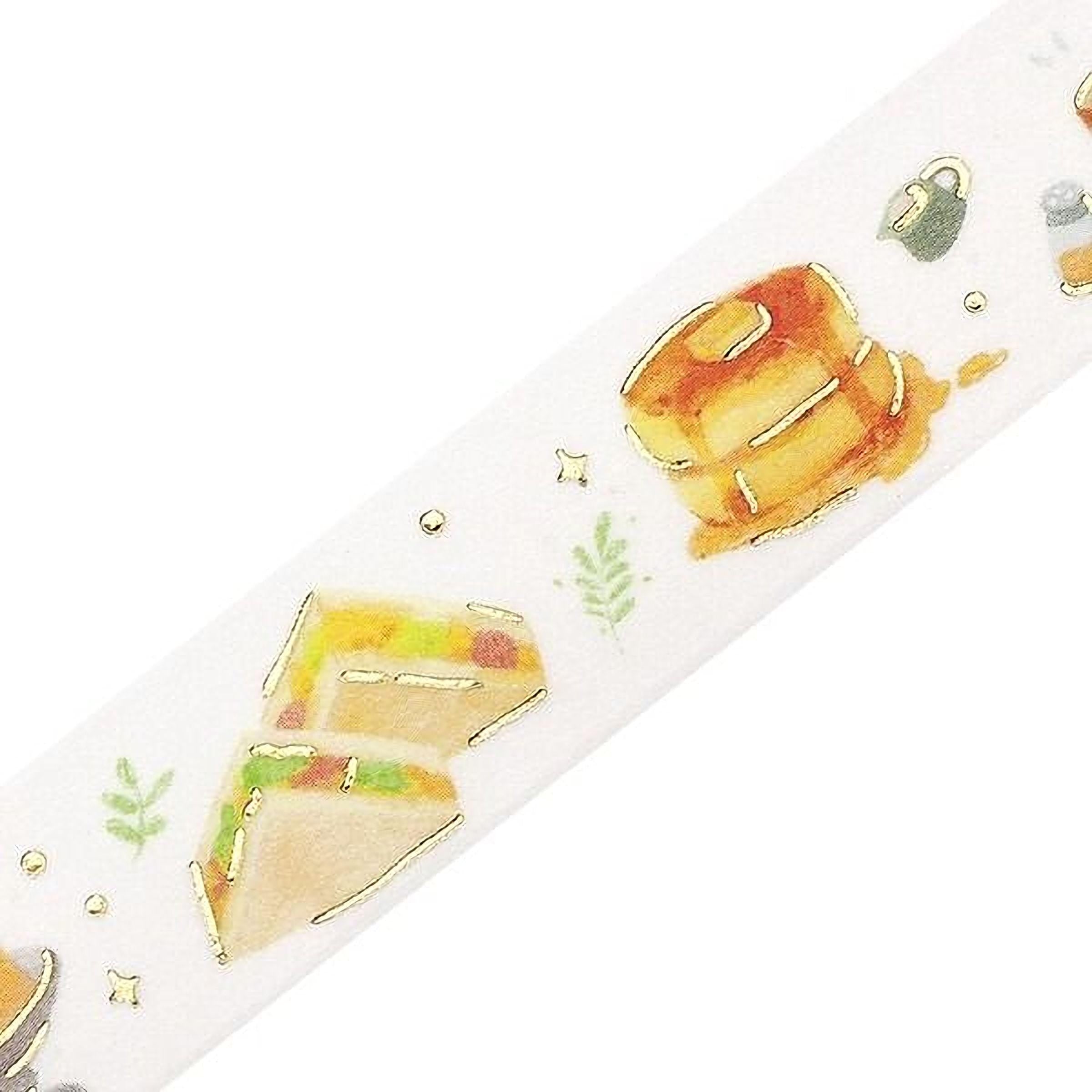 A decorative white ribbon with various food items and decorative elements printed on it.