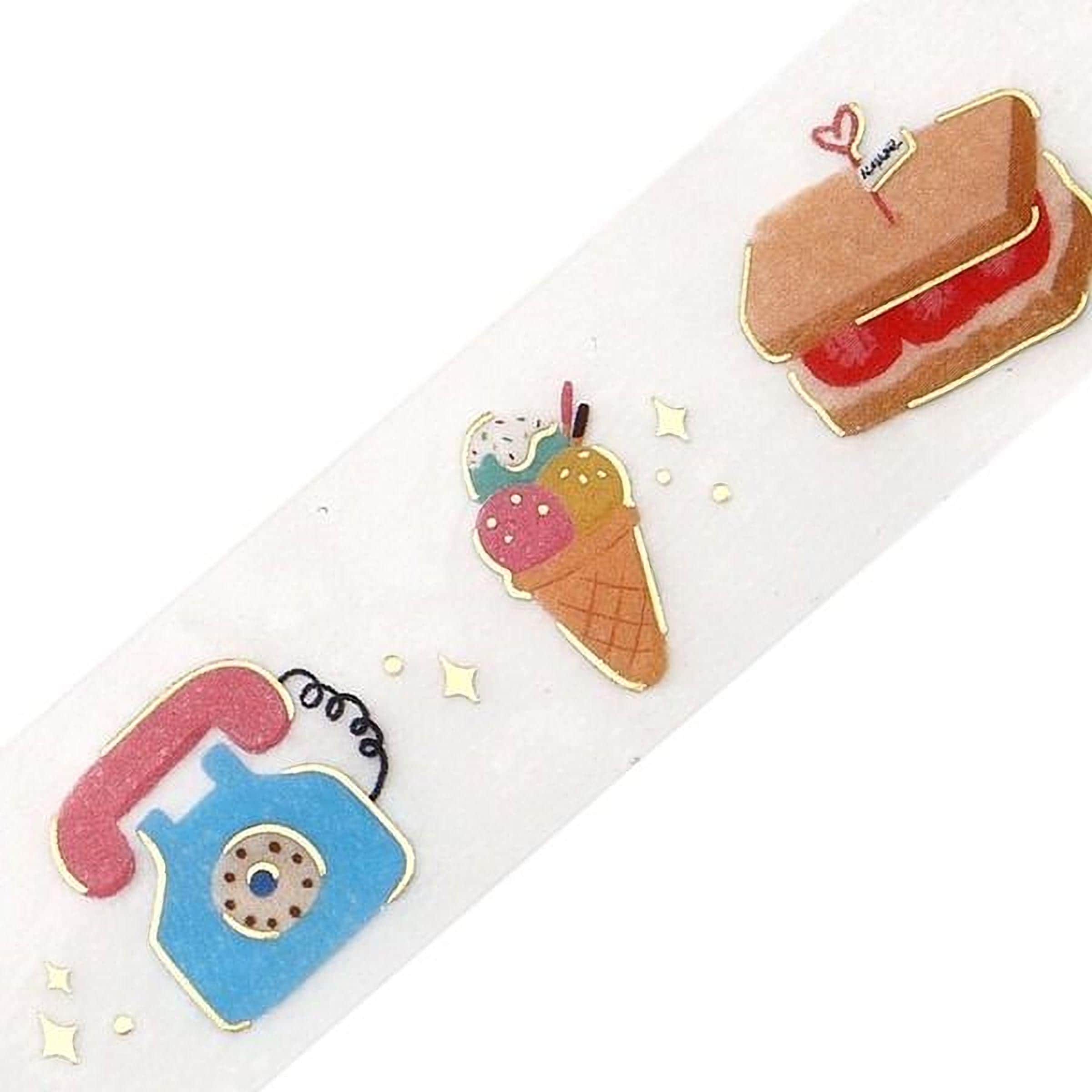 a collection of colorful and whimsical stickers, including a telephone, a sandwich, and an ice cream cone.