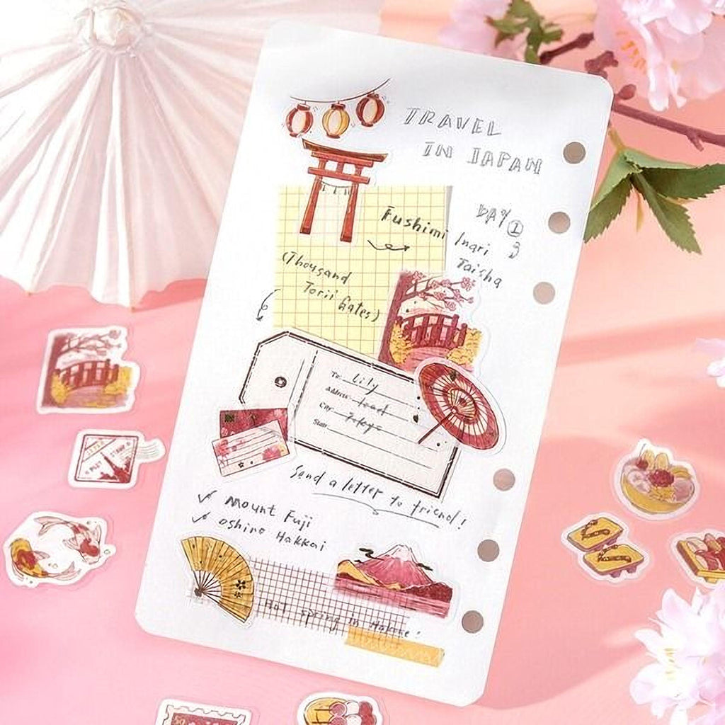 a travel-themed notebook with various travel-related illustrations and notes, including a list of destinations and activities, as well as a list of items to send to friends.