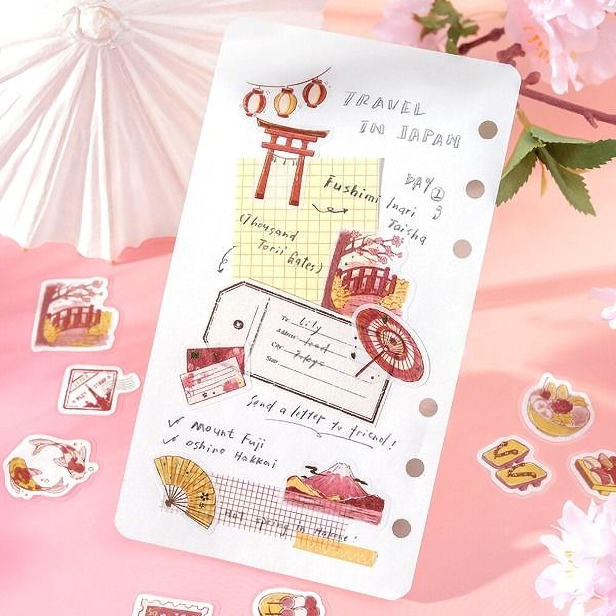 a travel-themed notebook with various travel-related illustrations and notes, including a list of destinations and activities, as well as a list of items to send to friends.