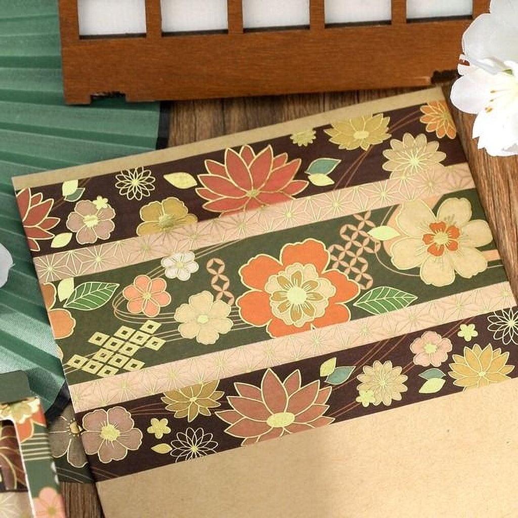 a decorative paper with a floral pattern, including various types of flowers and leaves in shades of brown, green, and orange. The paper appears to be a decorative card or piece of art, with the flowers and leaves arranged in a visually appealing manner.