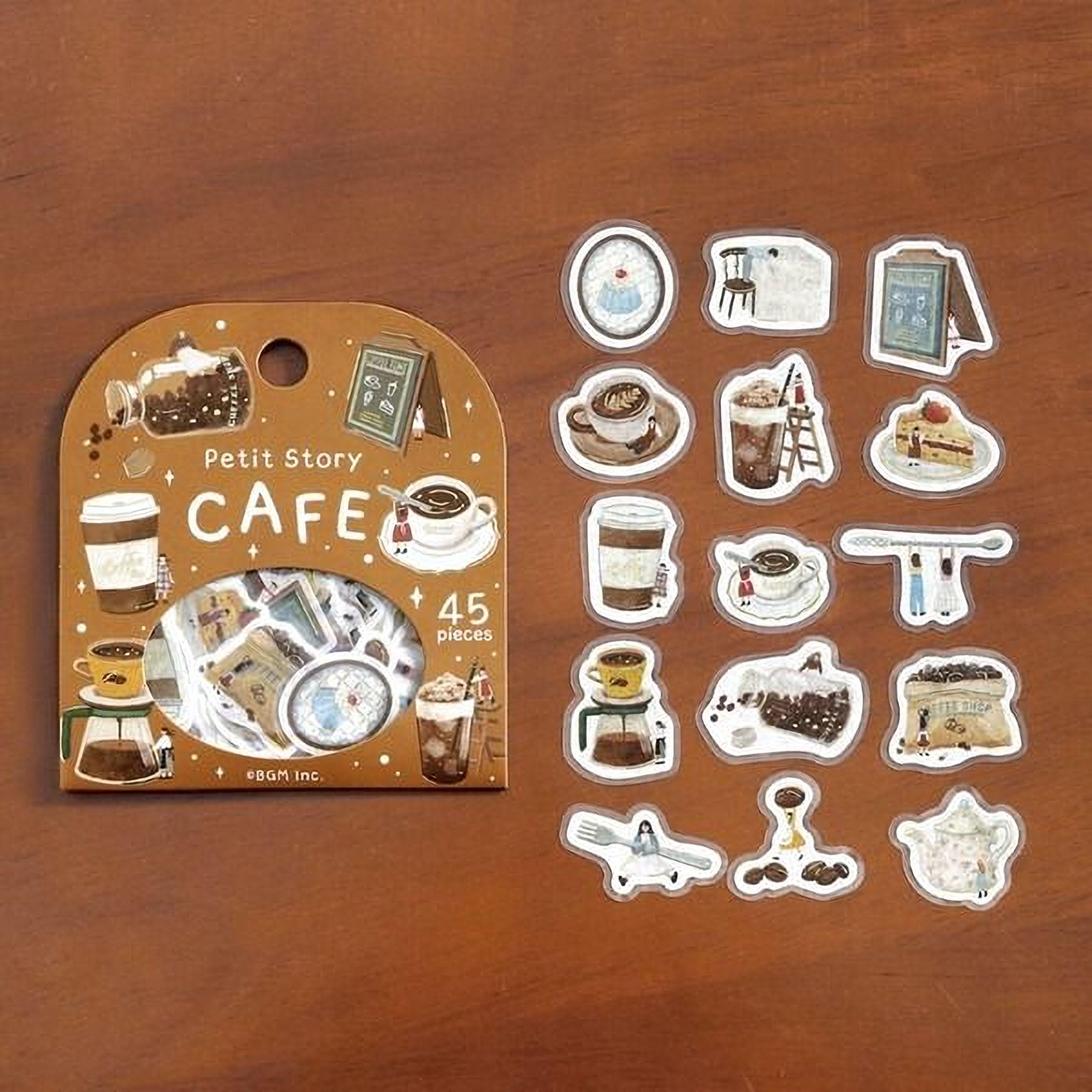 a brown box containing a set of stickers with various coffee-related illustrations, such as cups, mugs, and coffee beans. The box is labeled "Petit Story CAFE" and has a total of 45 pieces.
