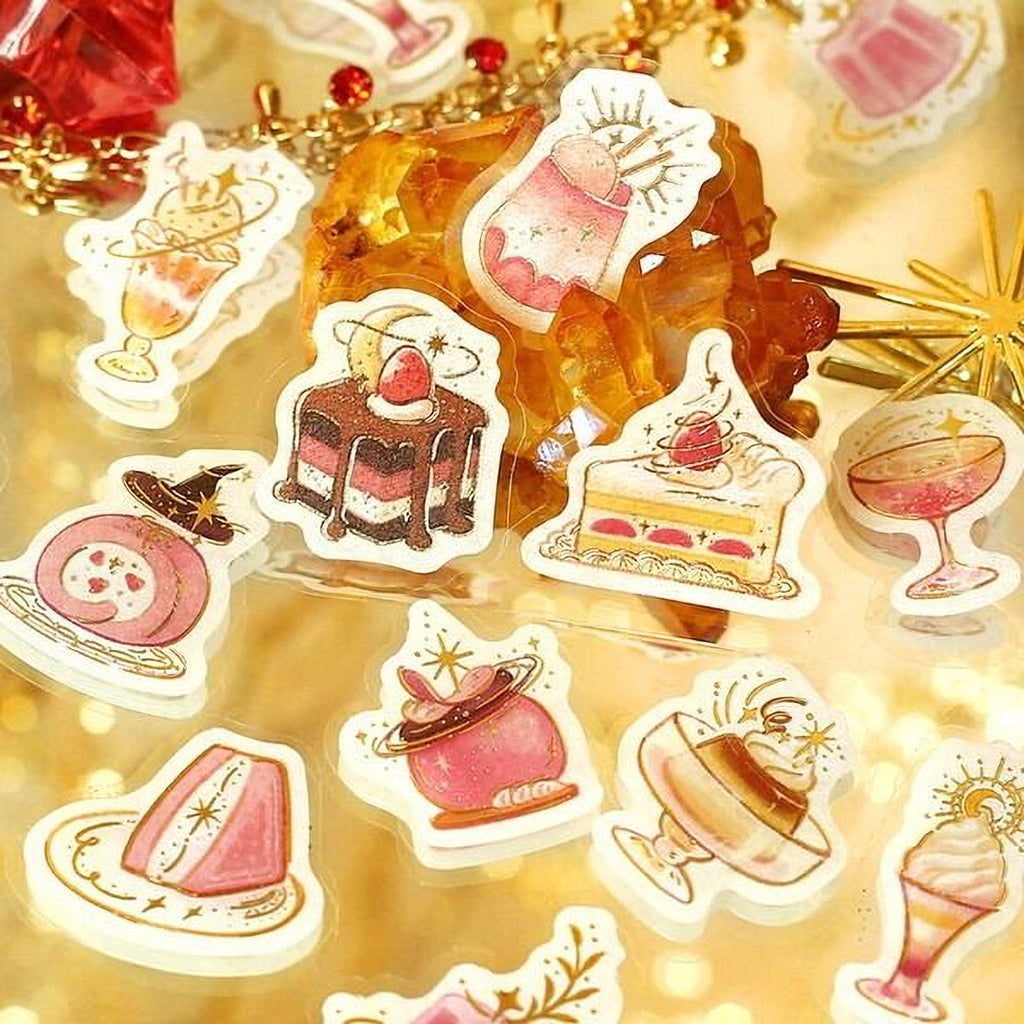 a collection of various desserts and pastries, including cakes, ice cream, and other sweet treats, all depicted in a whimsical and artistic manner.