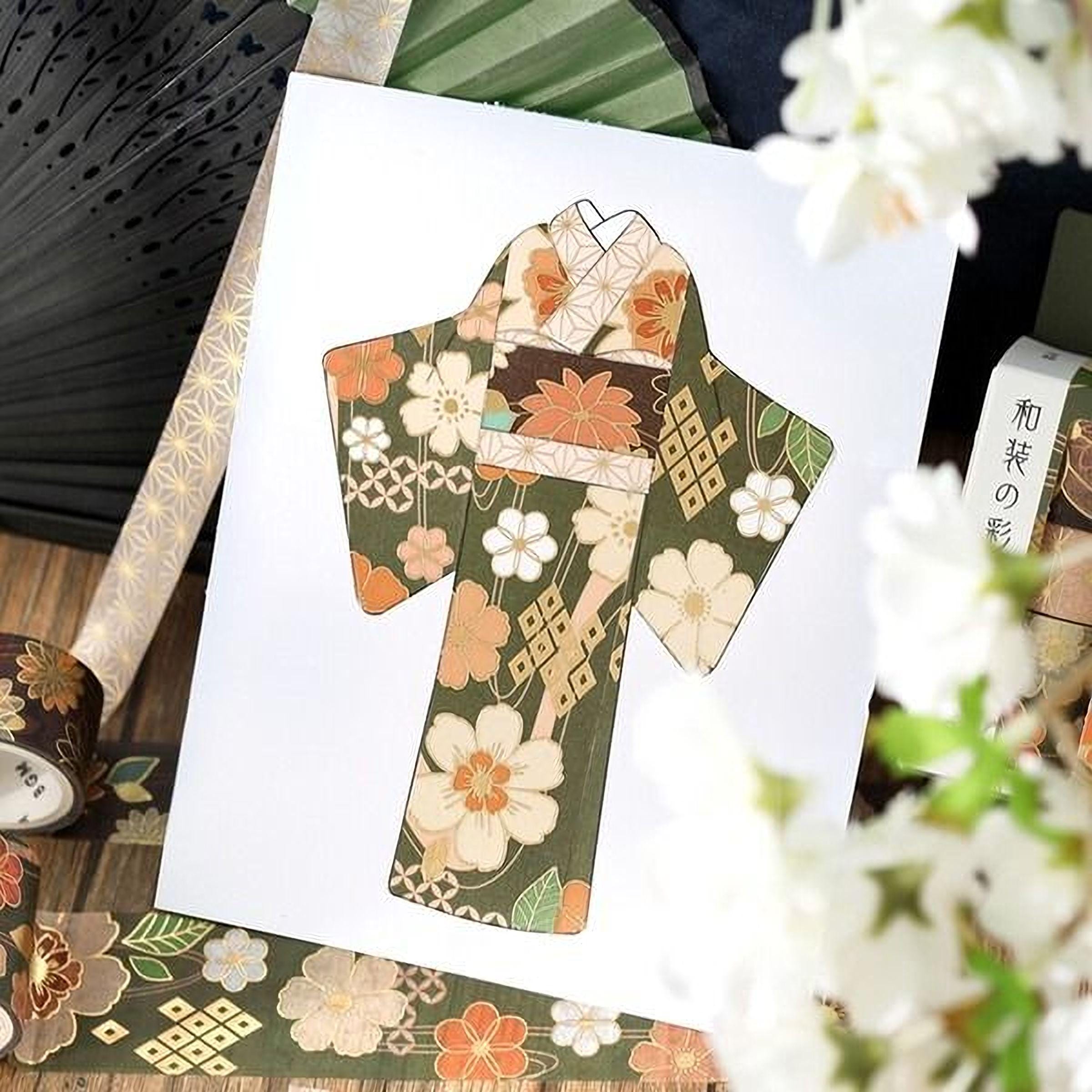 A colorful, patterned kimono is displayed on a white background, surrounded by decorative elements such as a fan and flowers.