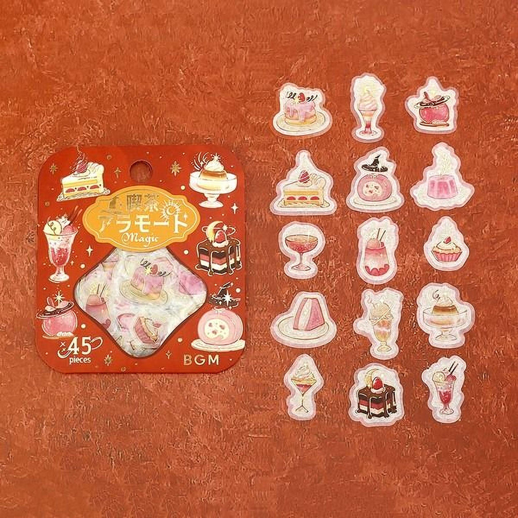 a collection of colorful stickers and a red and gold box with stickers on a red background.