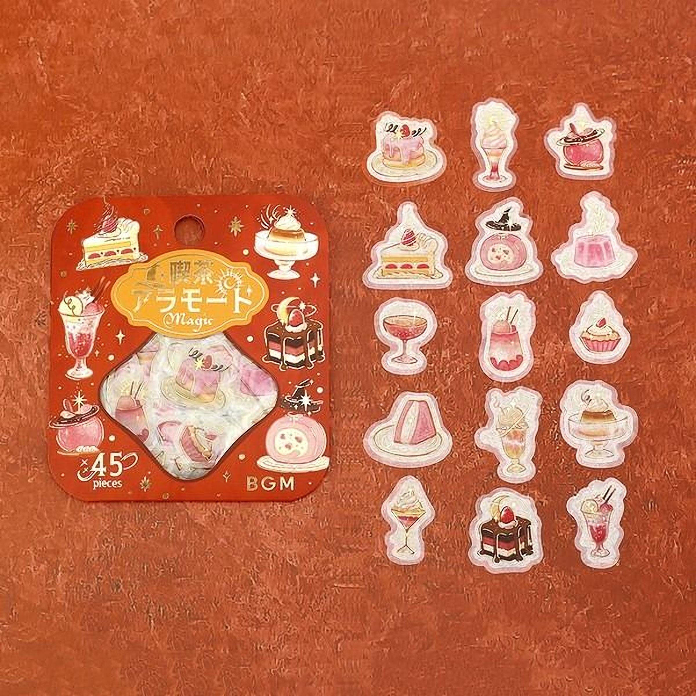 a collection of colorful stickers and a red and gold box with stickers on a red background.