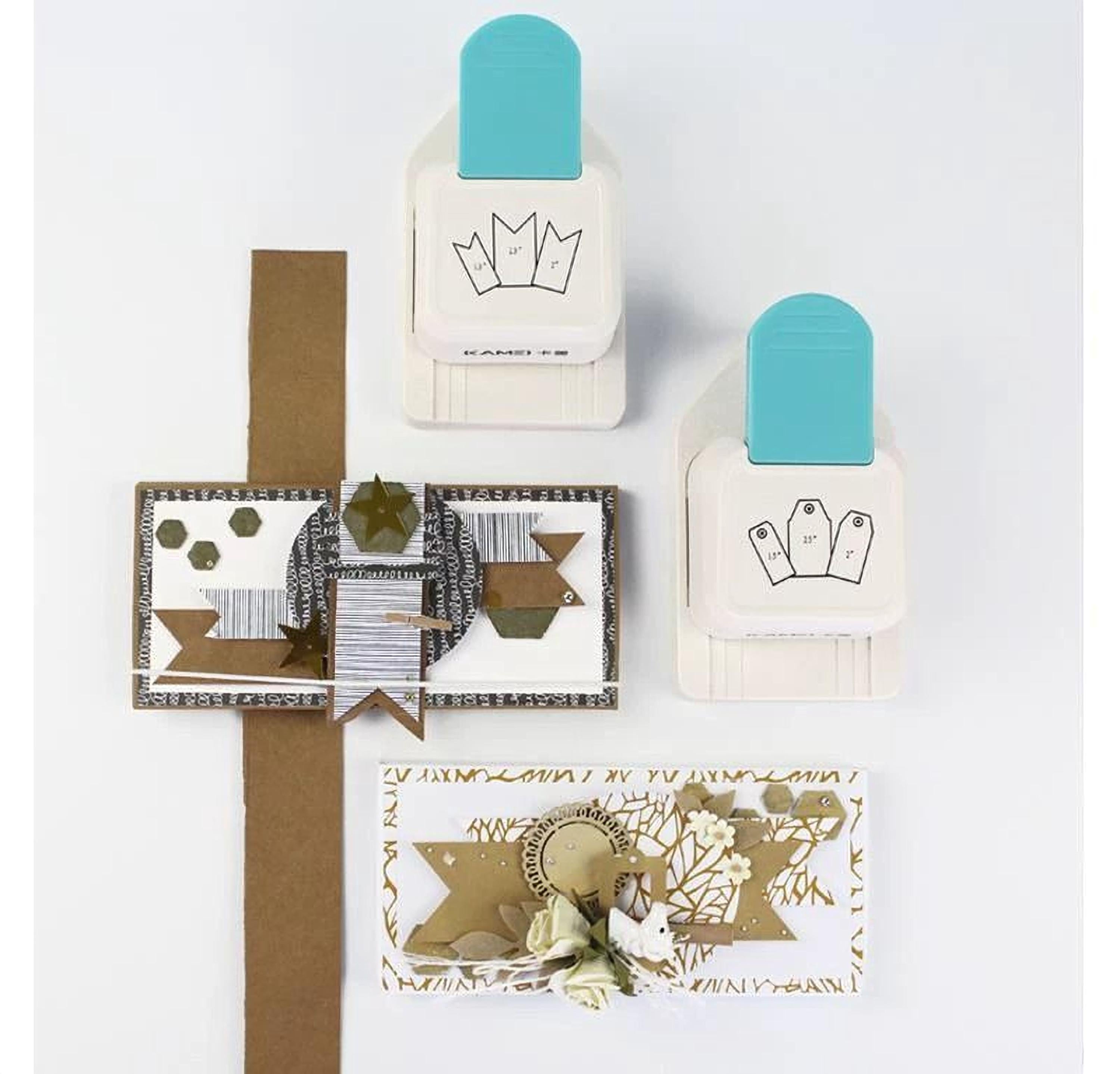 three craft tools, including a punch and two stickers, arranged on a white background.