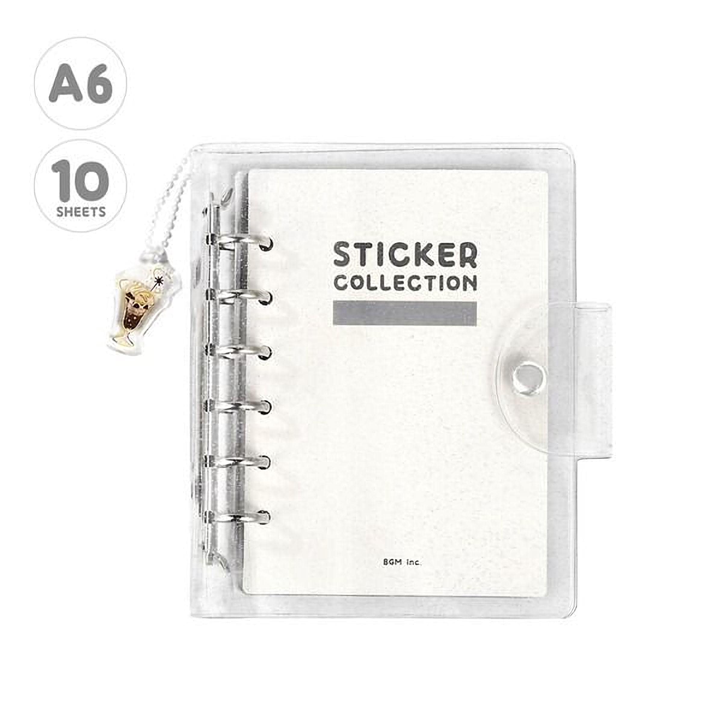 a clear plastic organizer with a spiral binding, labeled as a "Sticker Collection" and containing 10 sheets.