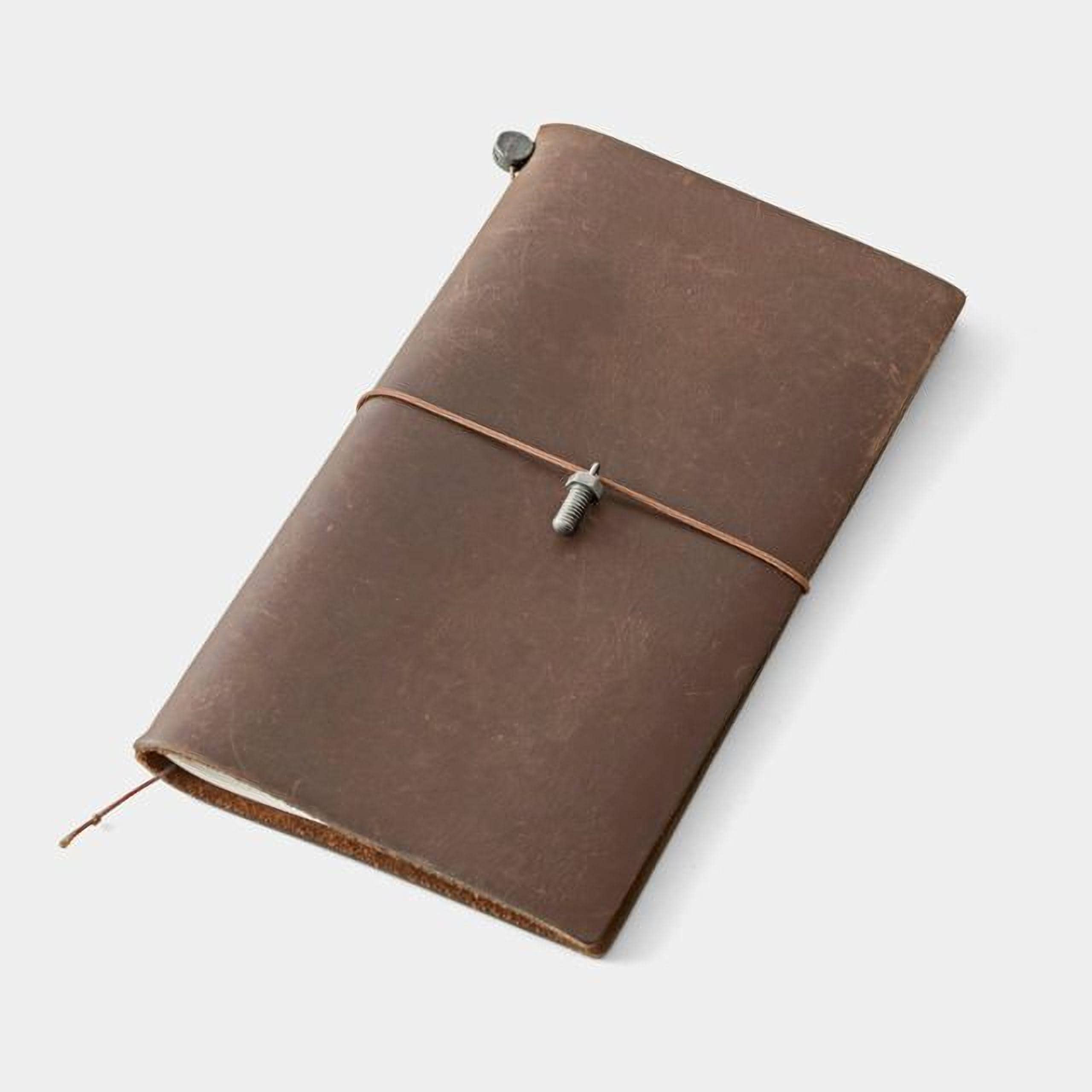 A brown leather-bound notebook with a metal clasp and a leather strap.