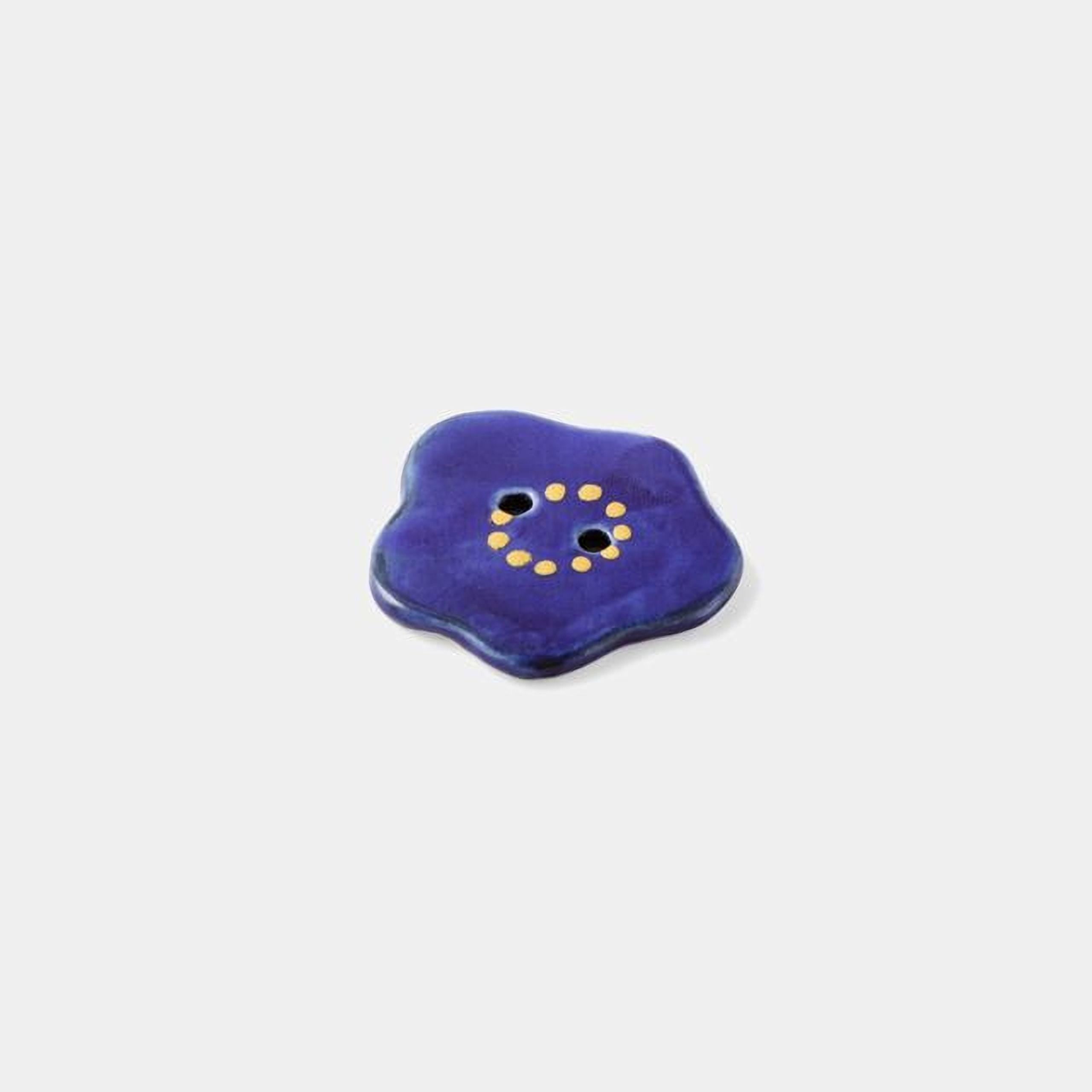 A single, blue button with a yellow dot pattern is shown against a plain white background.