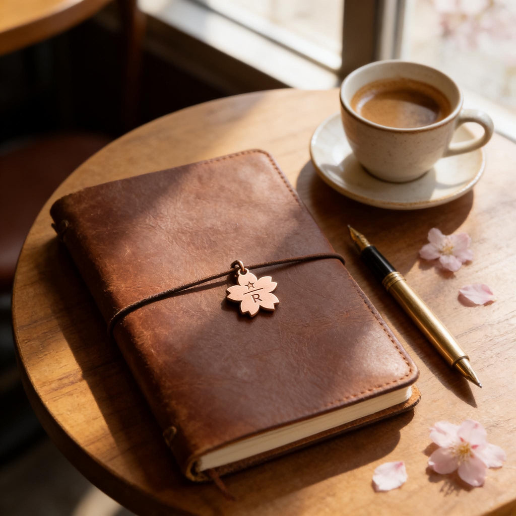 A brown leather-bound notebook with a personalized charm sits on a wooden table next to a white coffee cup and a pen.