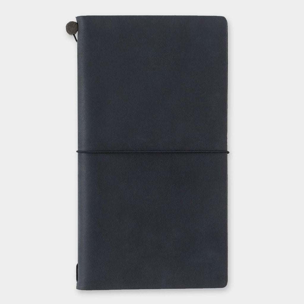 A black, rectangular notebook or journal with a black strap or clip on the top.