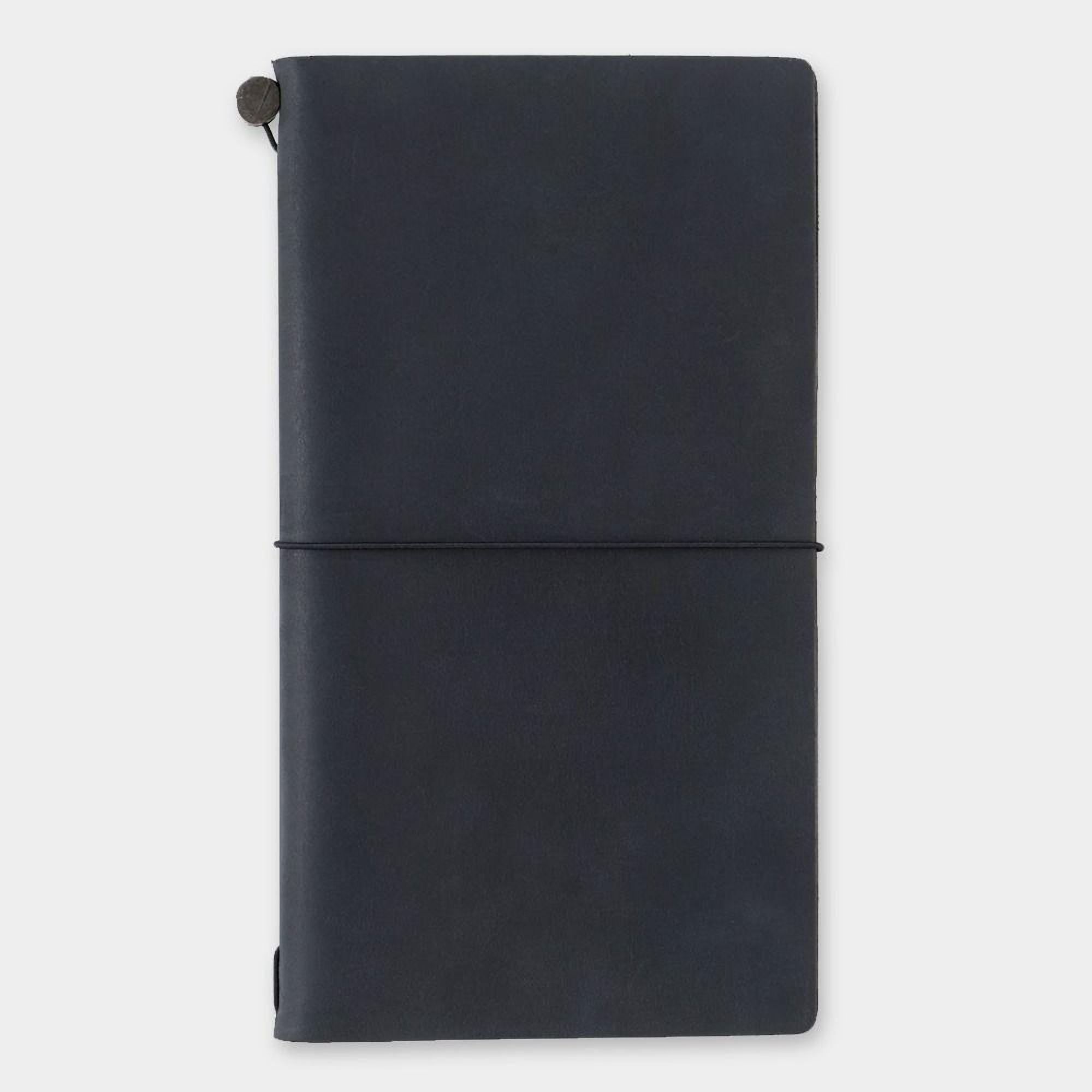 A black, rectangular notebook or journal with a black strap or clip on the top.