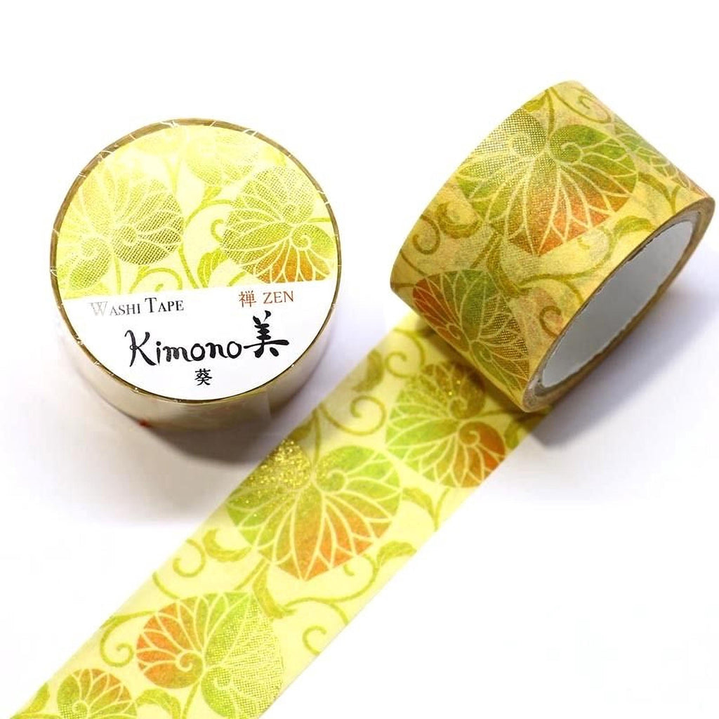 two rolls of washi tape with a floral pattern in yellow and green colors.