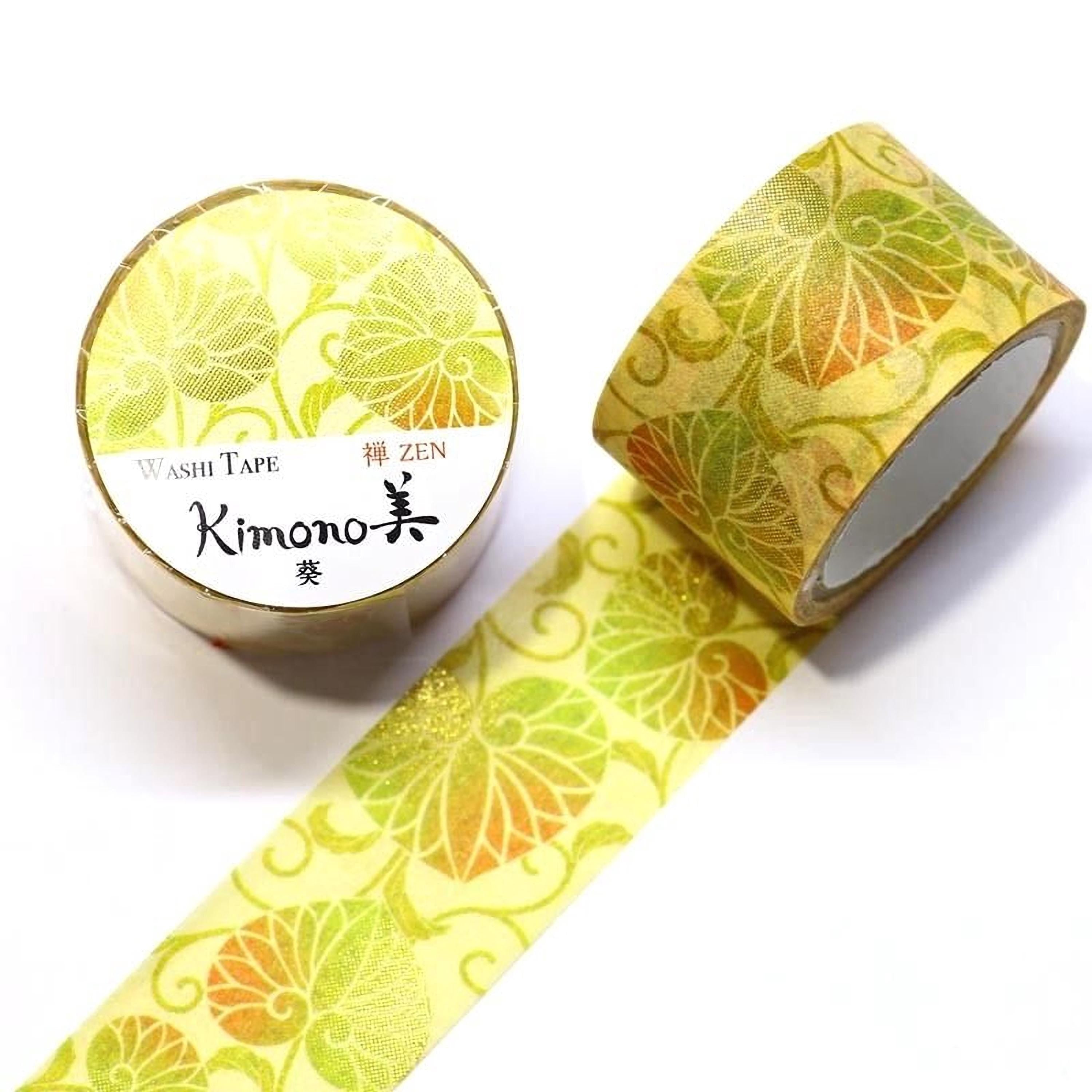 two rolls of washi tape with a floral pattern in yellow and green colors.