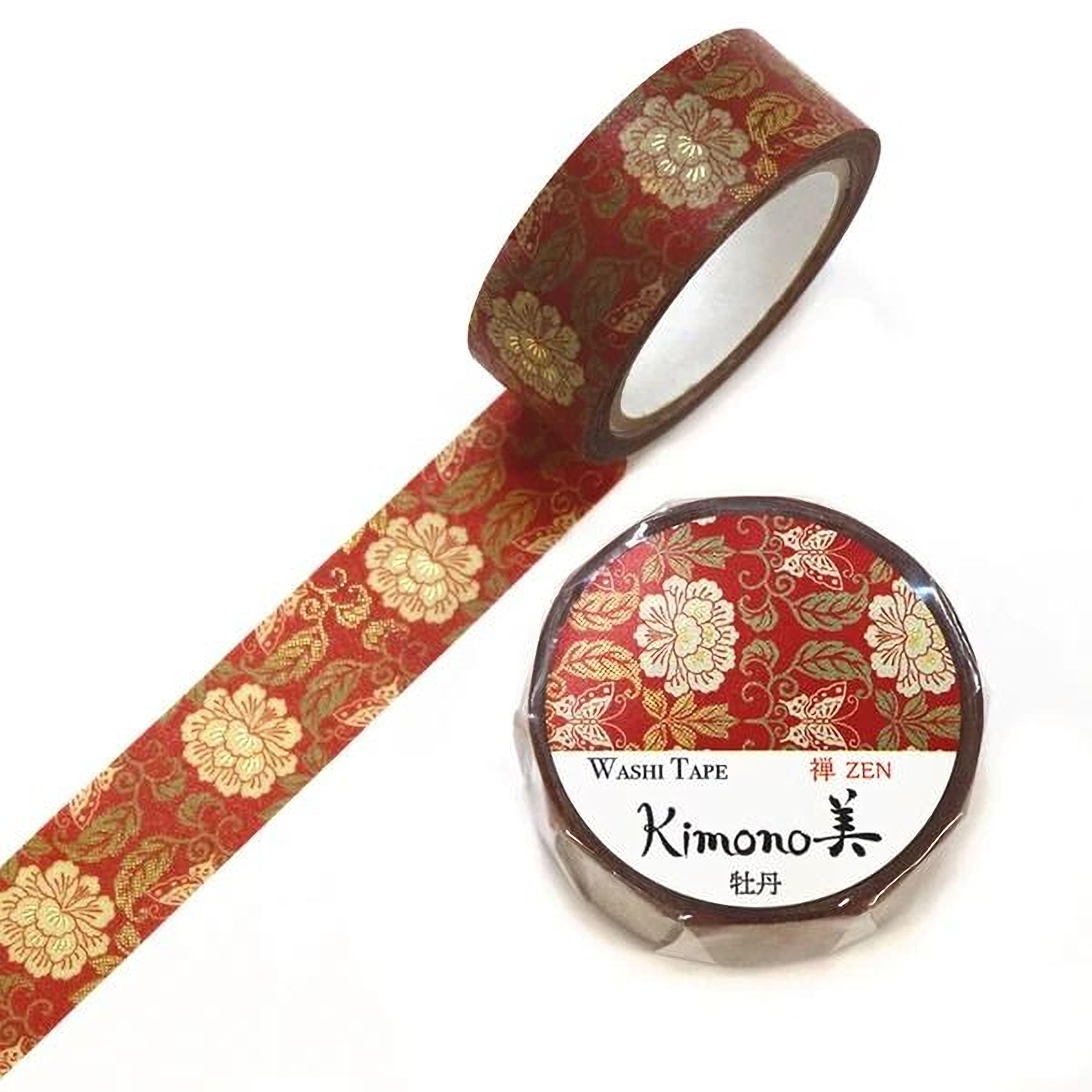 a roll of red and gold washi tape with a floral pattern and a round lid with the text "Kimono" and "Washi Tape" printed on it.