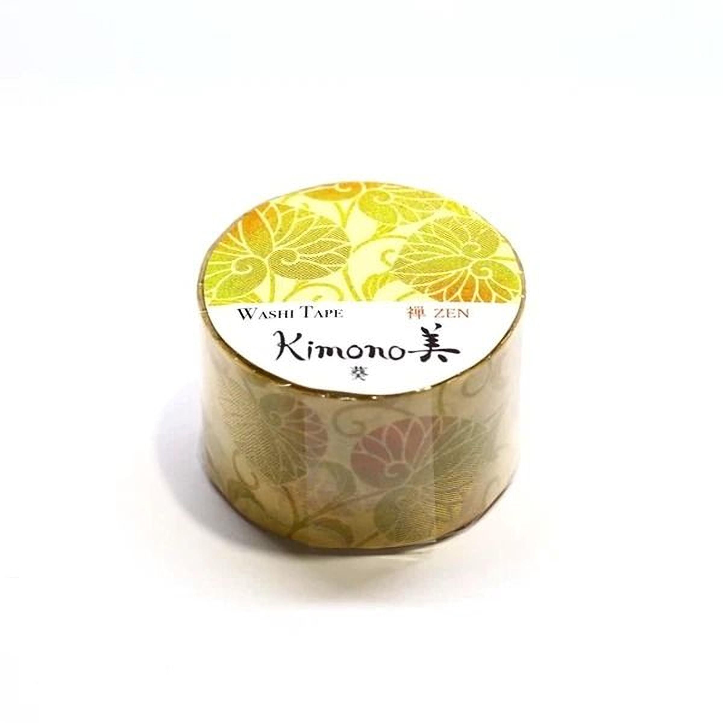 A cylindrical roll of washi tape with a floral pattern in yellow and orange colors.
