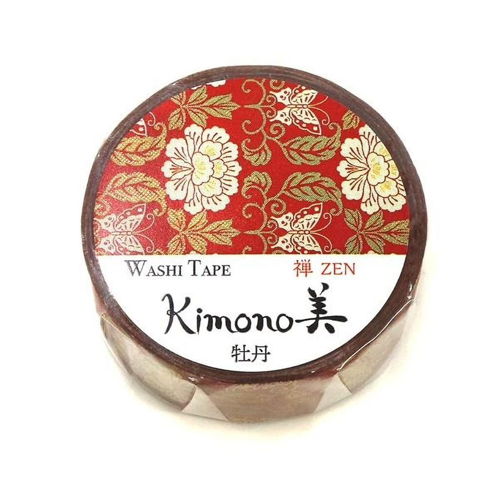 A round, brown container with a red and gold floral pattern and the text "Washi Tape" and "ZEN" printed on it.