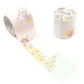 a roll of decorative tape with a floral pattern and a small container with a lid, both placed on a white background.