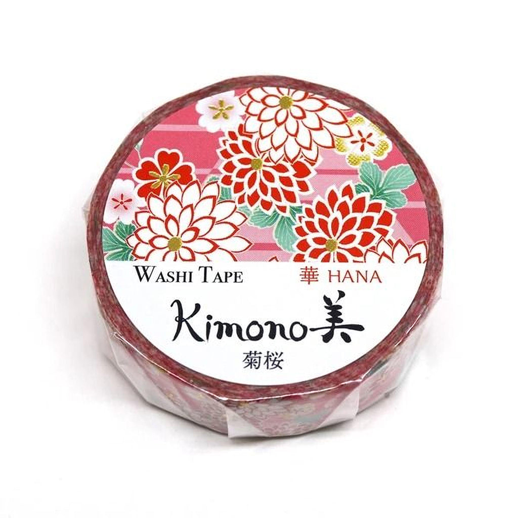 A round, red and white washi tape roll with a floral pattern and the text "Kimono" printed on it.