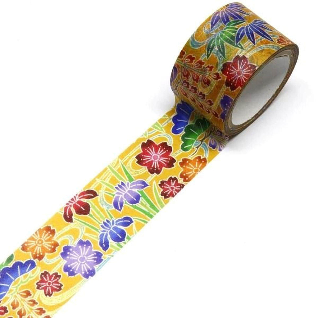 A roll of colorful floral patterned tape is shown against a white background.