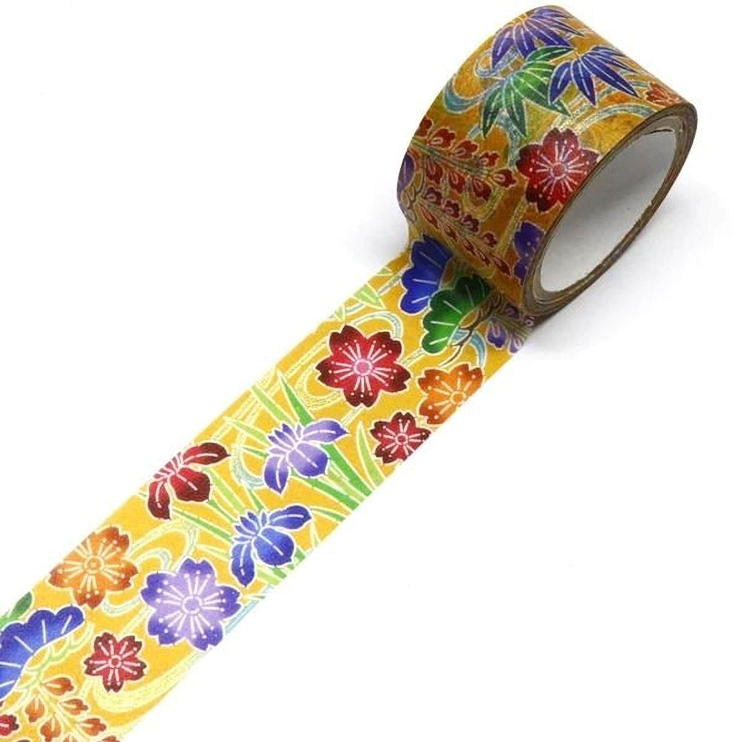 A roll of colorful floral patterned tape is shown against a white background.