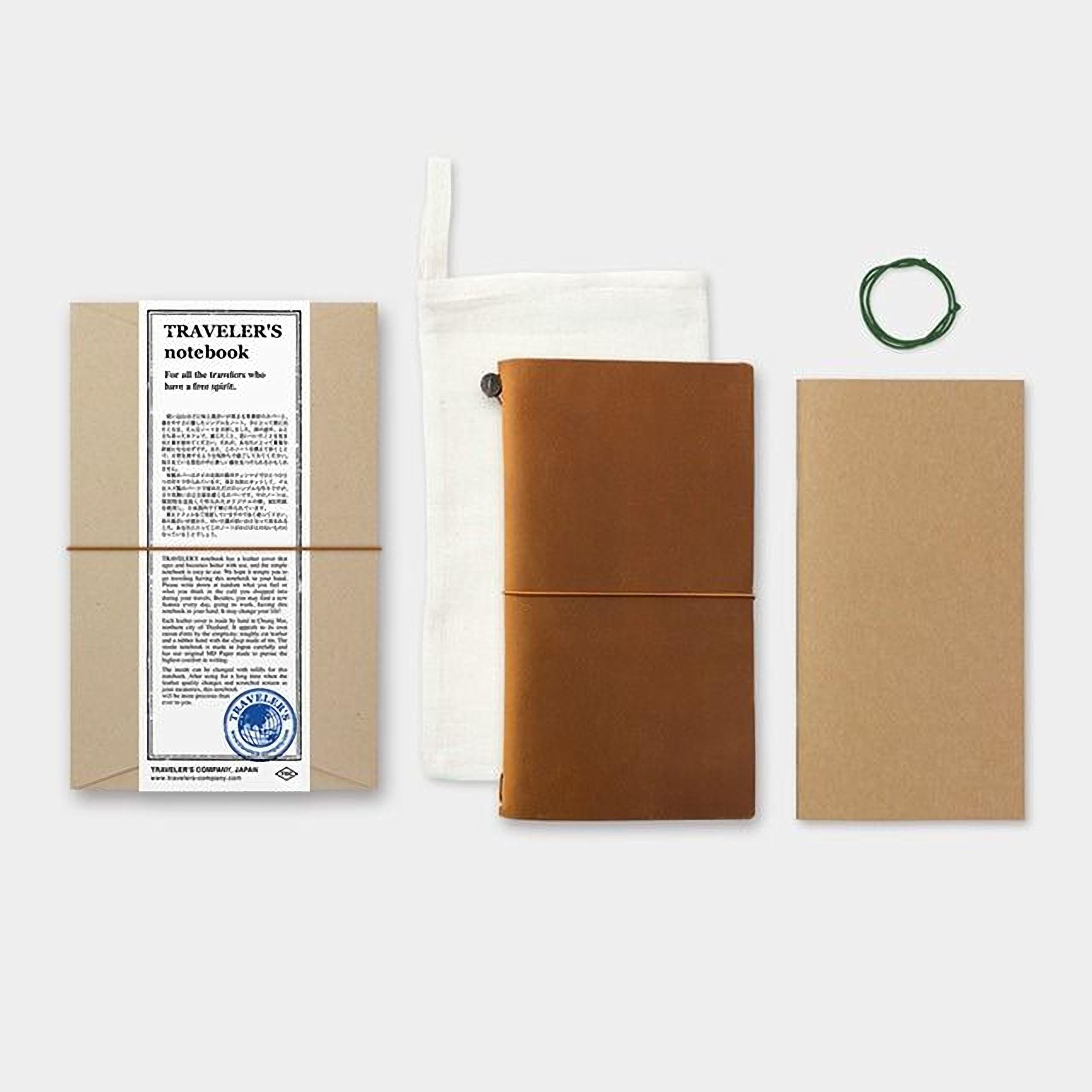 a set of travel-related items, including a brown leather-bound notebook, a white cloth, and a green string.