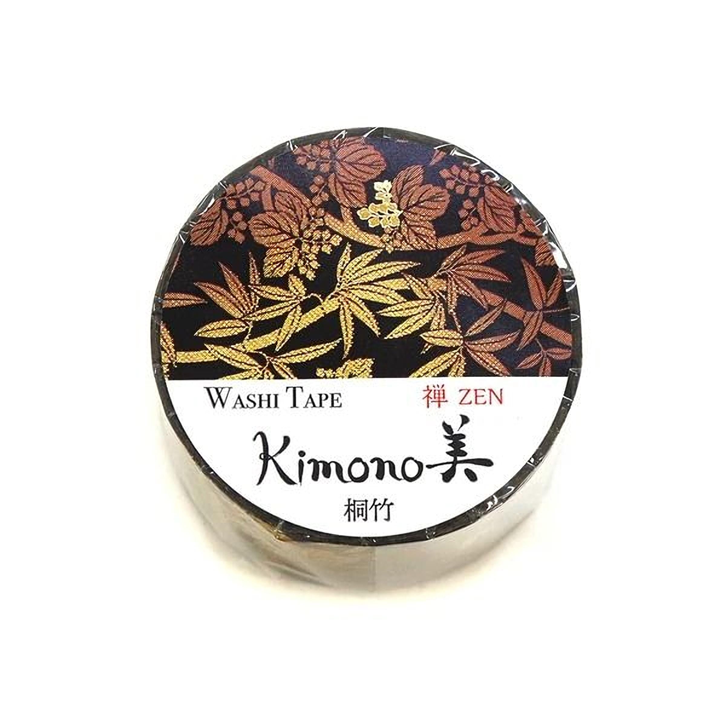 A round, black and white roll of washi tape with a floral pattern and the text "Kimono" printed on it.