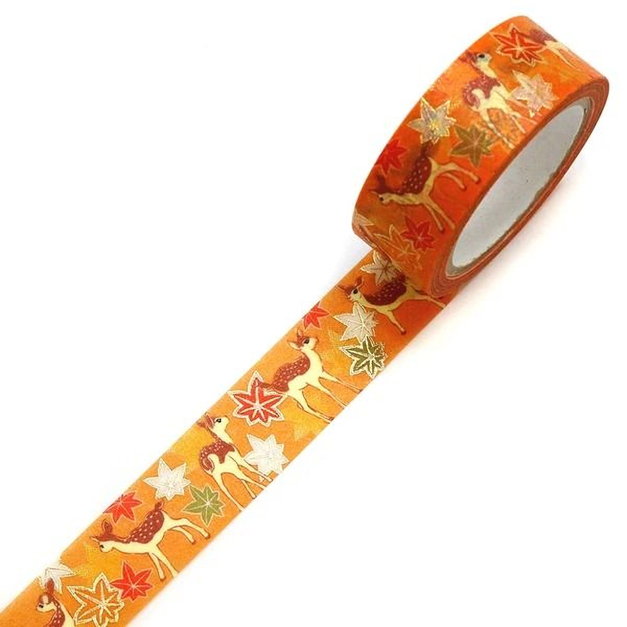 An orange and white patterned tape roll with a repeating design of deer and leaves.