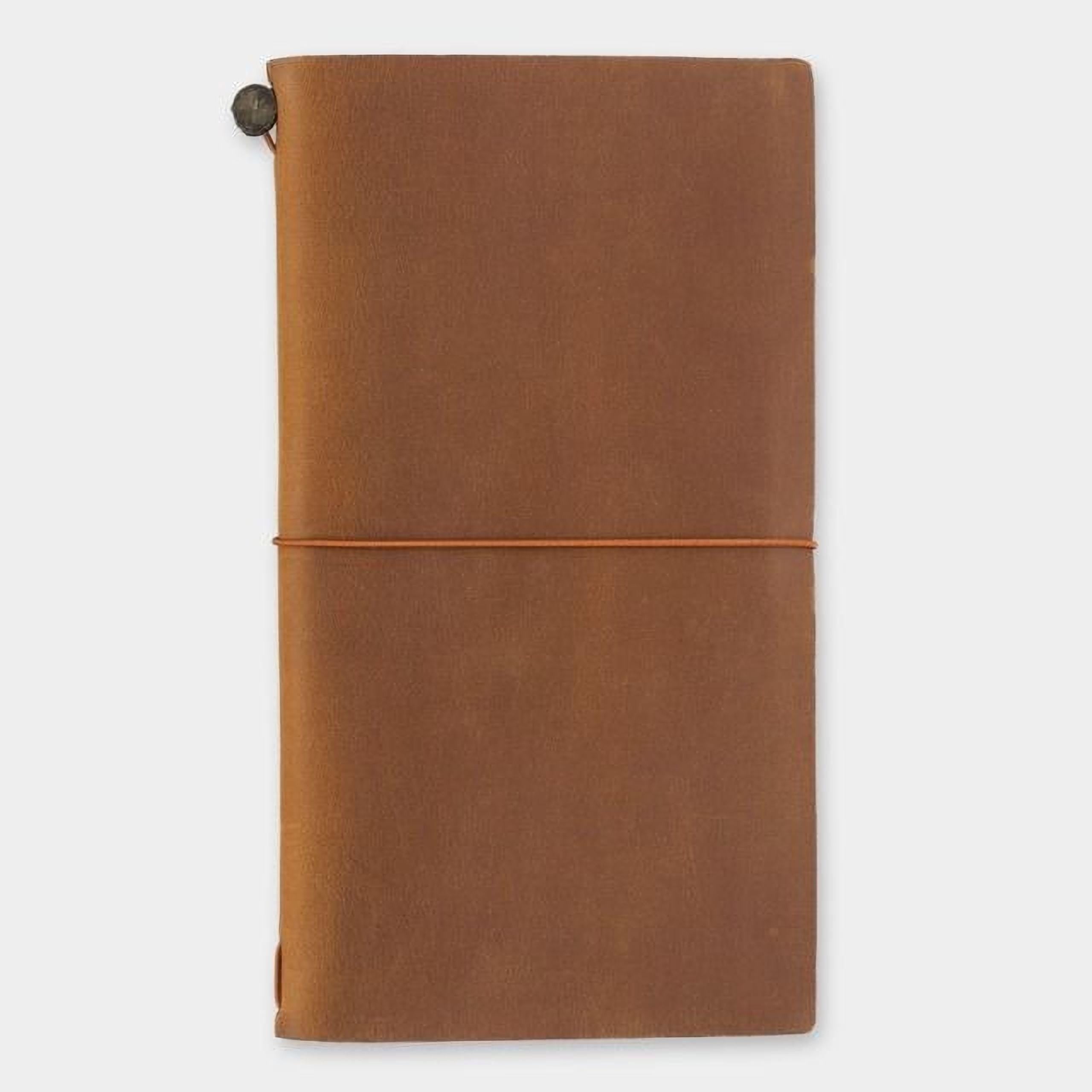 a brown leather-like notebook or journal with a simple, unadorned design.