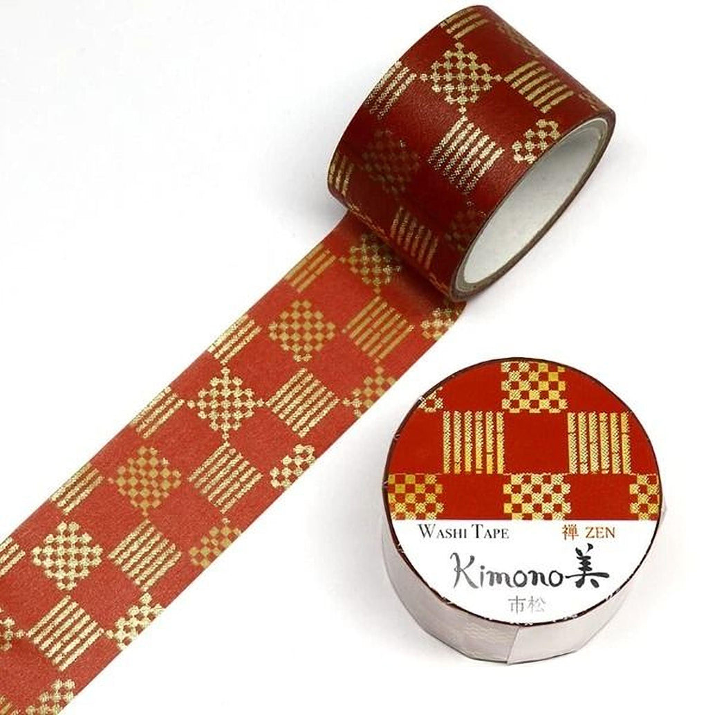a roll of red and gold patterned washi tape and a round container of the same product.