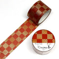 a roll of red and gold patterned washi tape and a round container of the same product.
