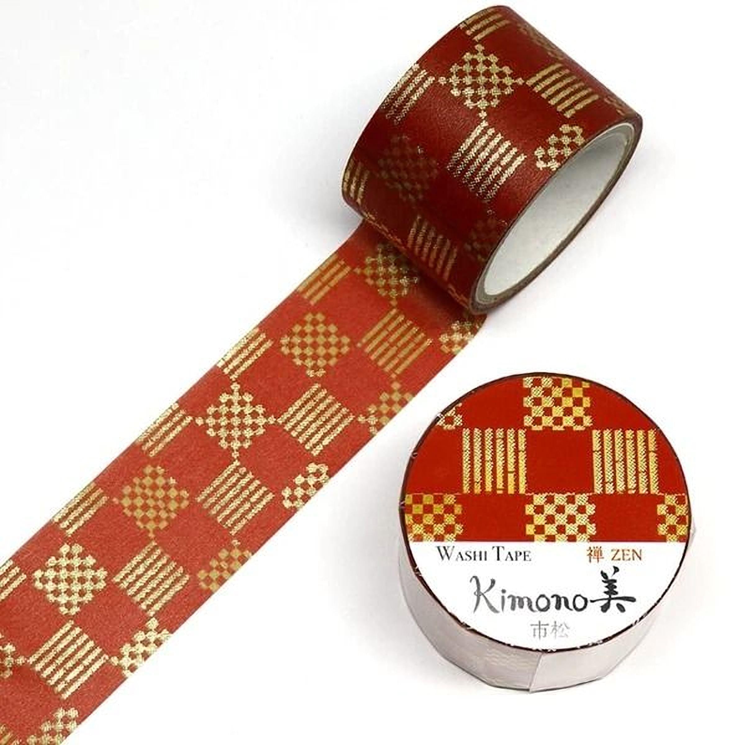 a roll of red and gold patterned washi tape and a round container of the same product.