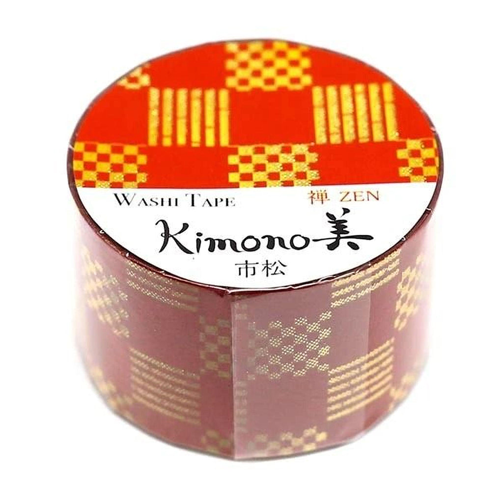 A cylindrical container with a red and gold checkered pattern, featuring the text "Washi Tape" and "ZEN" on it.