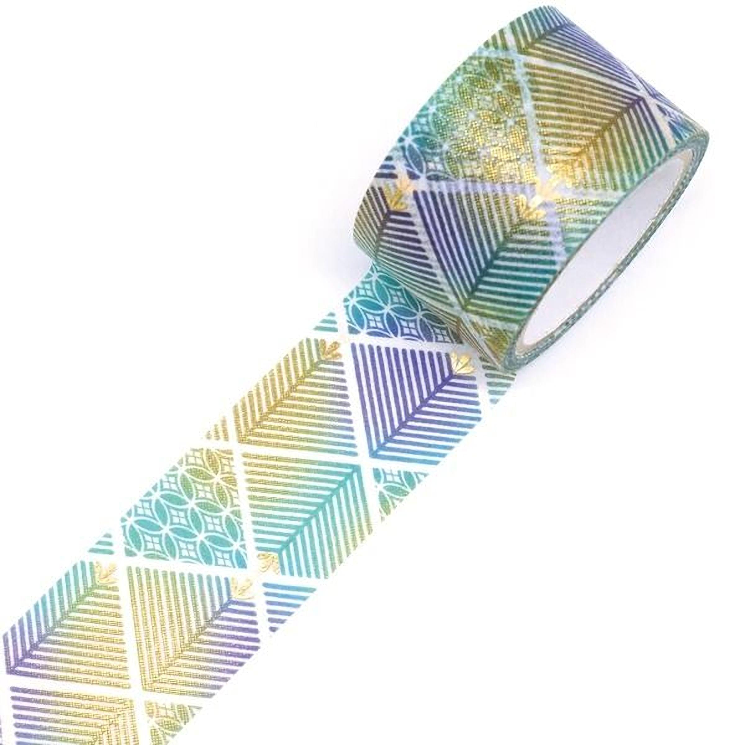 A roll of patterned tape with a geometric design in shades of blue, green, yellow, and purple.
