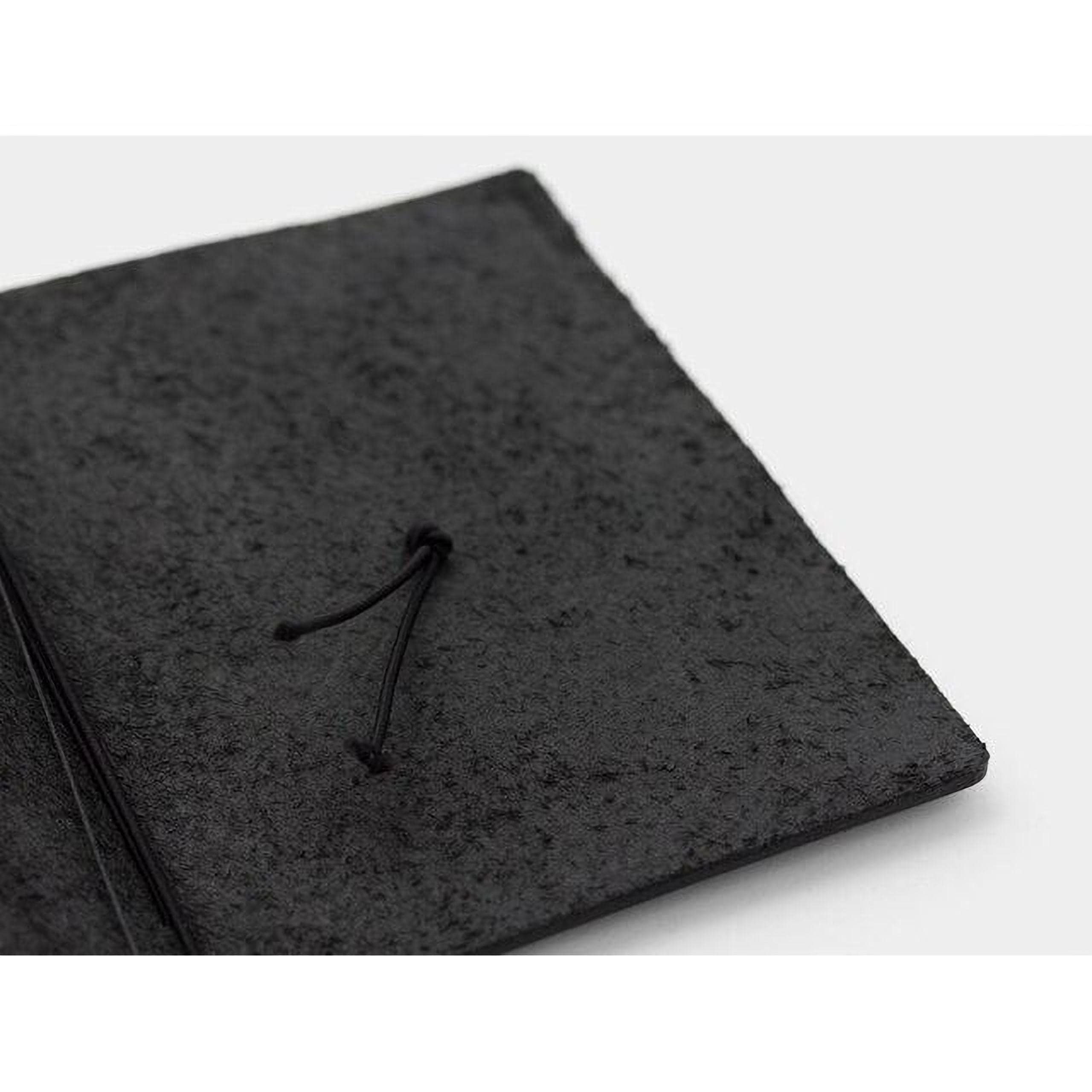 A close-up view of a black, textured surface, possibly a piece of paper or a notebook cover.
