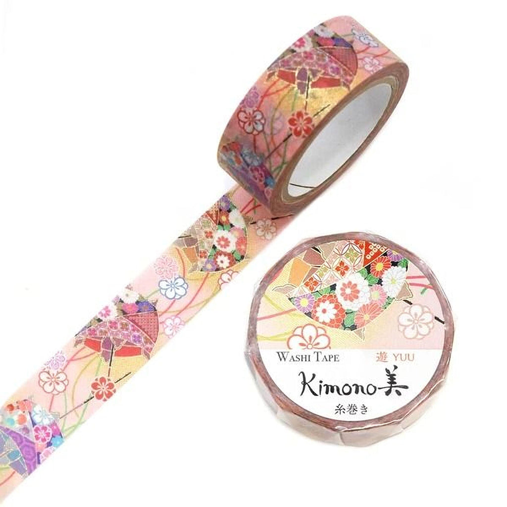 a roll of washi tape with a floral pattern and a round lid with Japanese text.