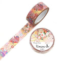 a roll of washi tape with a floral pattern and a round lid with Japanese text.