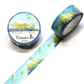 a roll of washable tape with a blue and white floral pattern, and a roll of tape with a gold and white floral pattern.