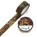 two rolls of washi tape with a floral pattern, one of which is a round lid with the brand name "Kimono" printed on it.