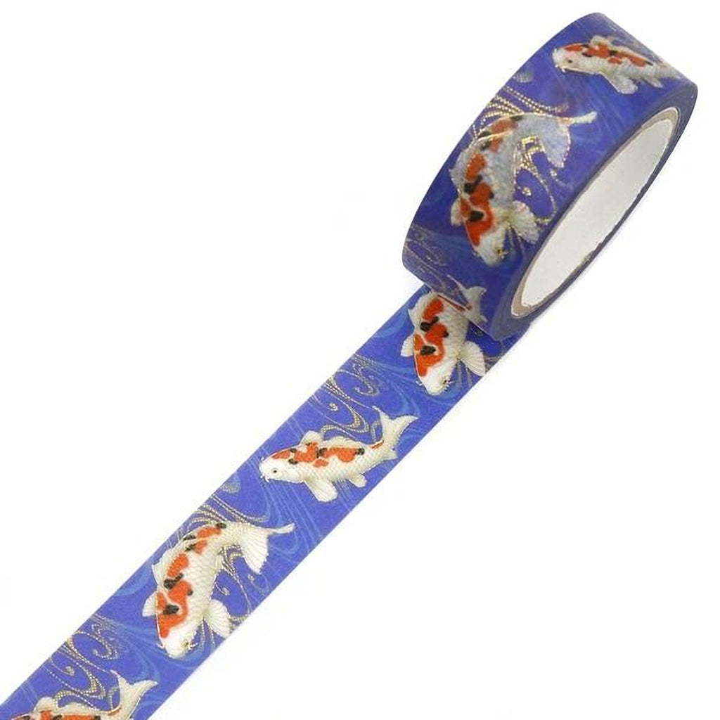 A roll of blue tape with a repeating pattern of orange and white koi fish on a blue background.
