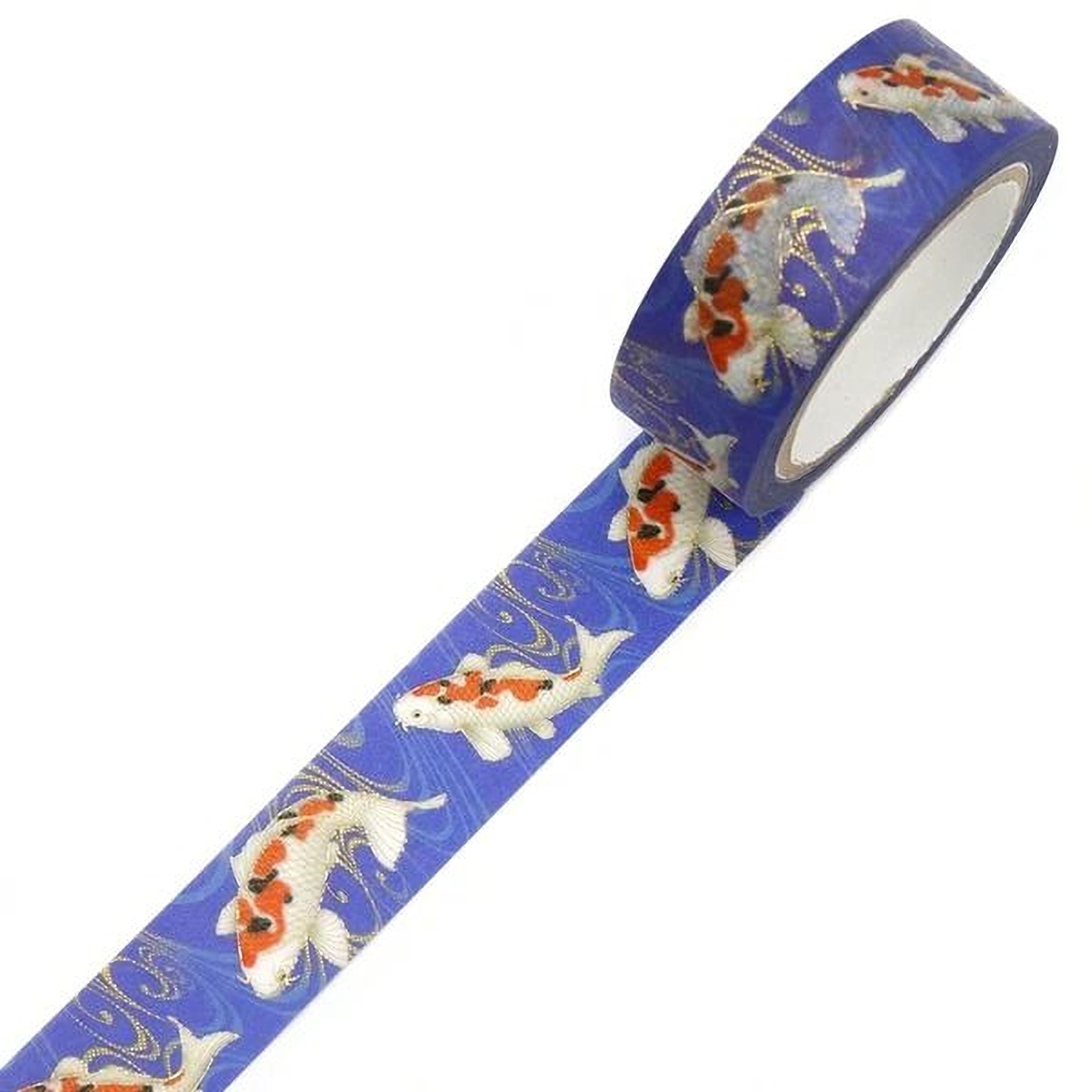 A roll of blue tape with a repeating pattern of orange and white koi fish on a blue background.
