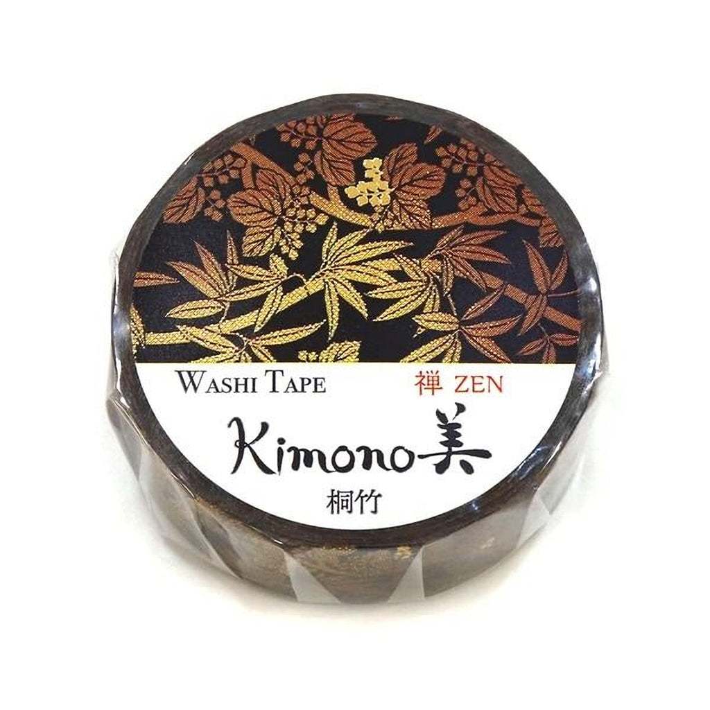 A round, black and gold washi tape roll with a floral pattern and the text "Kimono" printed on it.