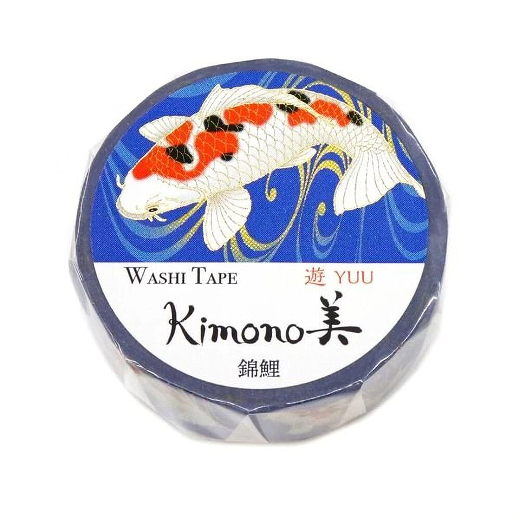 a round blue and white label with a koi fish design, which appears to be a product label for a Japanese brand of washi tape.